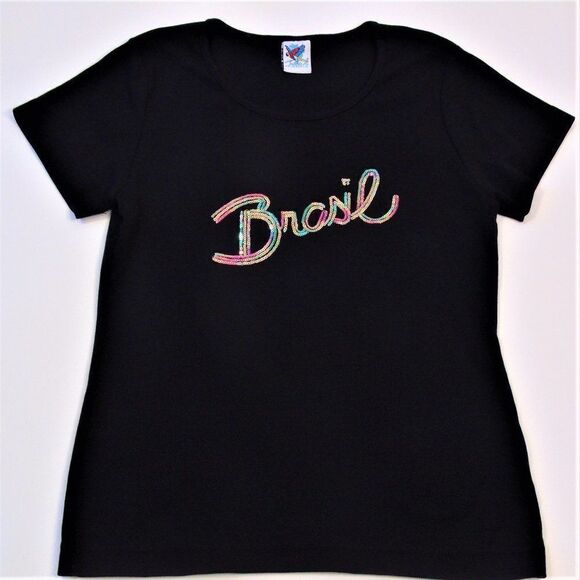 Brazil Spell Out Sequined Girls Tee Shirt - Picture 2 of 5
